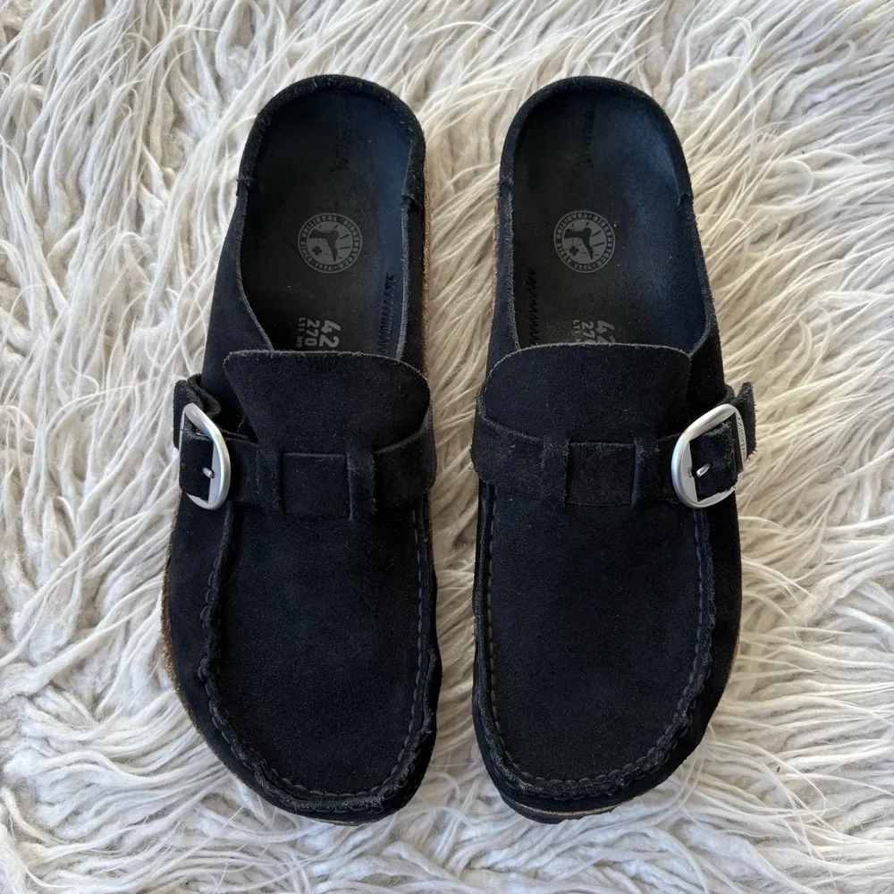 Birkenstock Buckley Black Suede Leather Buckle Slip On Moccasin Mule Shoes 42E - Picture 7 of 12